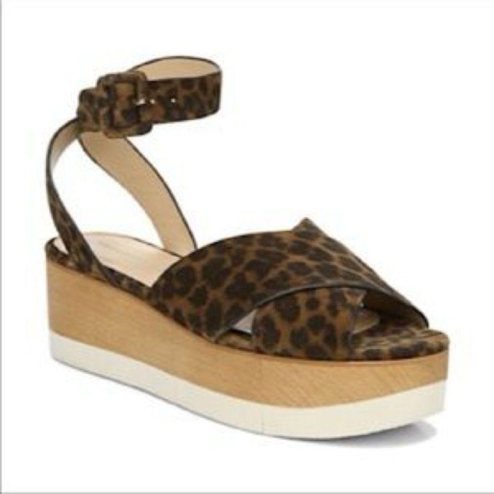 Veronica Beard Wynie Brown Cheetah Print Suede Ankle Strap Plaform Sandal